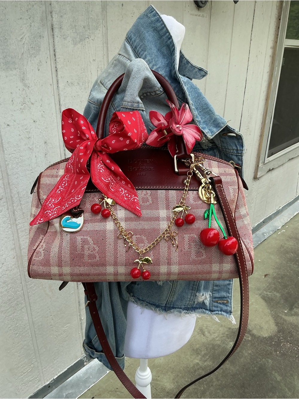 Dooney & Bourke Burgundy Plaid Satchel with Cherry Charms